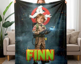 Couverture cadeau Ghostbusters, thème Protons, jeté en peluche velours personnalisé avec photo et nom