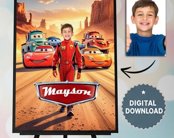 Personalized Cars Wall Art Printable, Lightning McQueen Birthday Poster, Kids Room Decor Digital Download