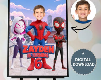 Gepersonaliseerde Spiderman-welkomstbord, entreeposter verjaardagsfeestje Spiderman, digitale download afdrukbare