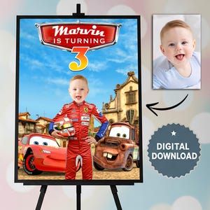 Personalized Cars Birthday Welcome Sign – Lightning McQueen Party Decor, Custom Racecar Poster, McQueen Wall Art, Kids Birthday Printable