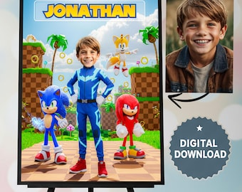 Personalized Sonic Portrait Poster, Custom Name Photo, Printable Kids Wall Art, Sonic Birthday Gift