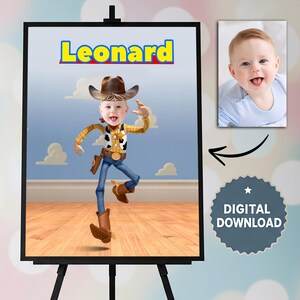 Pôster personalizado do Xerife Woody, placa de boas-vindas para aniversário de Toy Story, nome personalizado com foto, decoração de entrada para festa para imprimir
