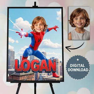 May include: A framed digital print featuring a child as Spider-Man, with the name "LOGAN" in large, red 3D letters. The image includes a headshot of the child and a "DIGITAL DOWNLOAD" badge.