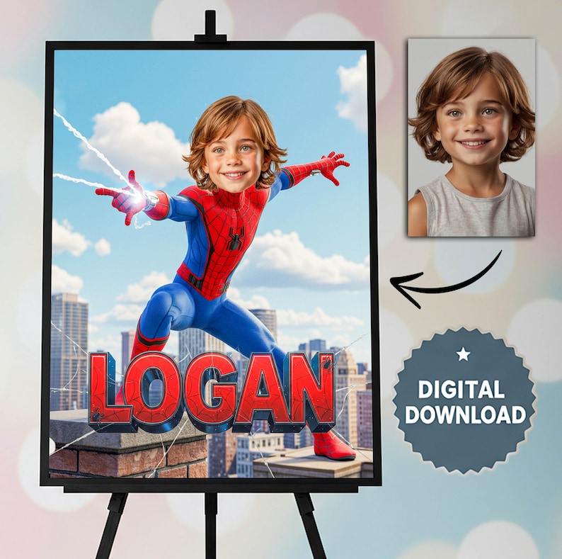 May include: A framed digital print featuring a child as Spider-Man, with the name "LOGAN" in large, red 3D letters. The image includes a headshot of the child and a "DIGITAL DOWNLOAD" badge.