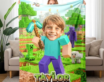 Couverture photo personnalisée pour jeu de construction avec nom, cadeau personnalisé en peluche pour joueur de pixel