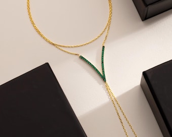 V Model Gold Plated Sterling Silver Bracelet with Emerald Zircon Stones