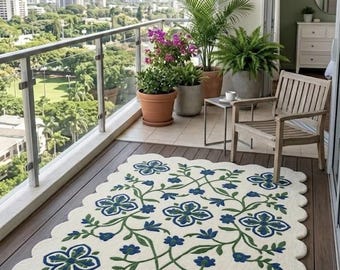 Blue Floral Scalloped Rug, Cottagecore Area Rug, Botanical Tufted Carpet, Aesthetic Bedroom Rug, Wavy Edge Living Room Decor