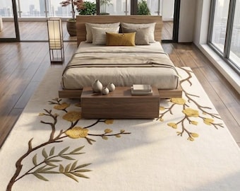 Tapete com estampa botânica de galhos de árvores, tapete floral com motivos da natureza, tapete moderno e orgânico para quarto, decoração luxuosa para sala de estar, tapete floral contemporâneo.