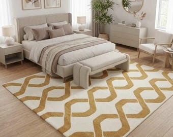 Modern Beige Gold Area Rug, Geometric Bedroom Carpet, Luxury Contemporary Floor Rug, Minimalist Living Room Decor Rug