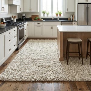May include: A large, rectangular, off-white shag rug with a thick, high-pile texture covering the wooden floor in a kitchen. The rug features long, soft fibers that create a dense, plush surface, extending from the cabinets to the island.