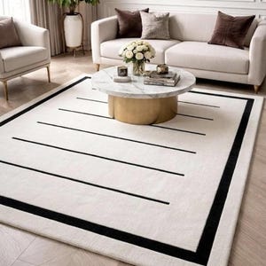 Alfombra moderna en negro y marfil, alfombra minimalista, alfombra geométrica color crema, alfombra contemporánea para sala de estar, decoración neutra para dormitorio. imagen 3