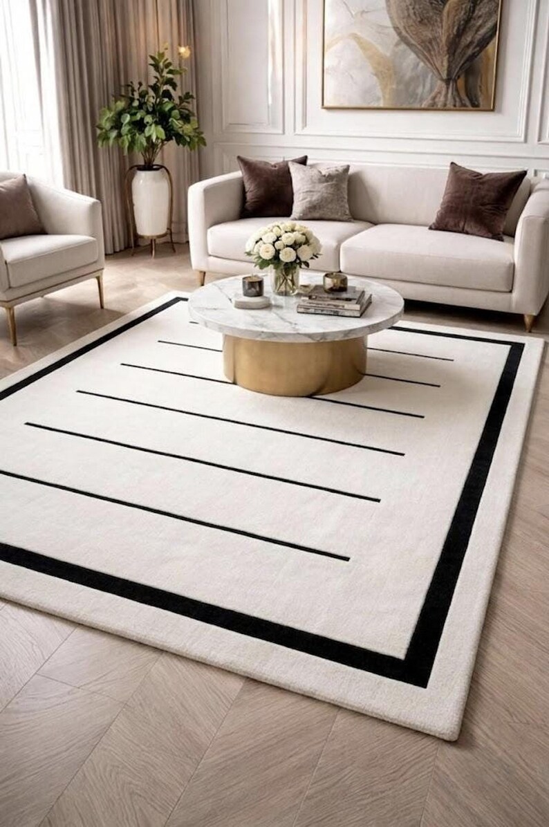 Alfombra moderna en negro y marfil, alfombra minimalista, alfombra geométrica color crema, alfombra contemporánea para sala de estar, decoración neutra para dormitorio. imagen 3