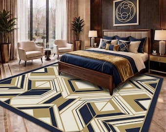 Luxury Geometric Bedroom Rug, Navy Blue Gold Area Rug, Modern Art Deco Carpet, Contemporary Bedroom Decor Rug, Elegant Designer Floor Rug