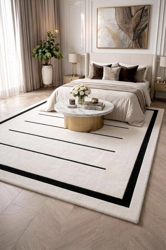 Modern Black and Ivory Rug, Minimalist Area Rug, Cream Geometric Rug, Contemporary Living Room Carpet, Neutral Bedroom Decor