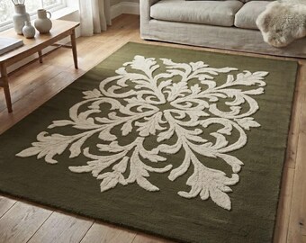 Dunkelgrüner Teppich mit Blumenmuster, Botanischer Wollteppich, Handgetufteter Wohnzimmerteppich, Luxusteppich für Schlafzimmer, Naturinspirierter Teppich, Modernes Bodendekor
