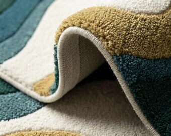 Alfombra 100% tejida a mano, alfombra moderna abstracta con diseño de ondas, alfombra hecha a mano en verde, azul y crema, alfombra de lujo contemporánea, decoración para dormitorio y sala de estar.