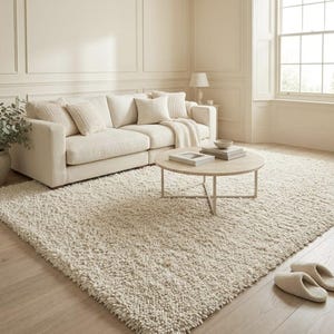May include: A cream-colored shaggy area rug with a thick, textured pile covers the floor in front of a matching cream sofa. The sofa features several throw pillows and a throw blanket, accompanied by a round wooden coffee table.
