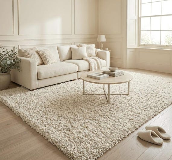 Cream Ivory Hand Tufted Rug, Handmade Textured Area Rug, Modern Minimalist Carpet, Neutral Bedroom Rug, Elegant Living Room Floor Covering
