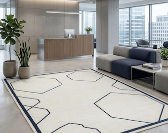 Alfombra geométrica moderna, alfombra minimalista para vestíbulo de oficina, alfombra contemporánea blanca y azul marino, decoración de lujo para el suelo de la sala de recepción.