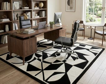 Czarno-biały geometryczny dywan, nowoczesny abstrakcyjny dywan, minimalistyczny dywan do biura, nowoczesny dywan do salonu, pikowany monochromatyczny wystrój podłogi