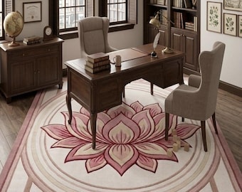 Pink Lotus Area Rug, Floral Meditation Carpet, Feminine Office Rug, Modern Boho Room Decor, Elegant Lotus Flower Area Rug