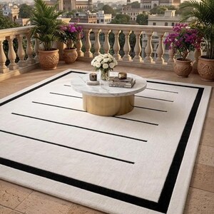 Alfombra moderna en negro y marfil, alfombra minimalista, alfombra geométrica color crema, alfombra contemporánea para sala de estar, decoración neutra para dormitorio. imagen 5