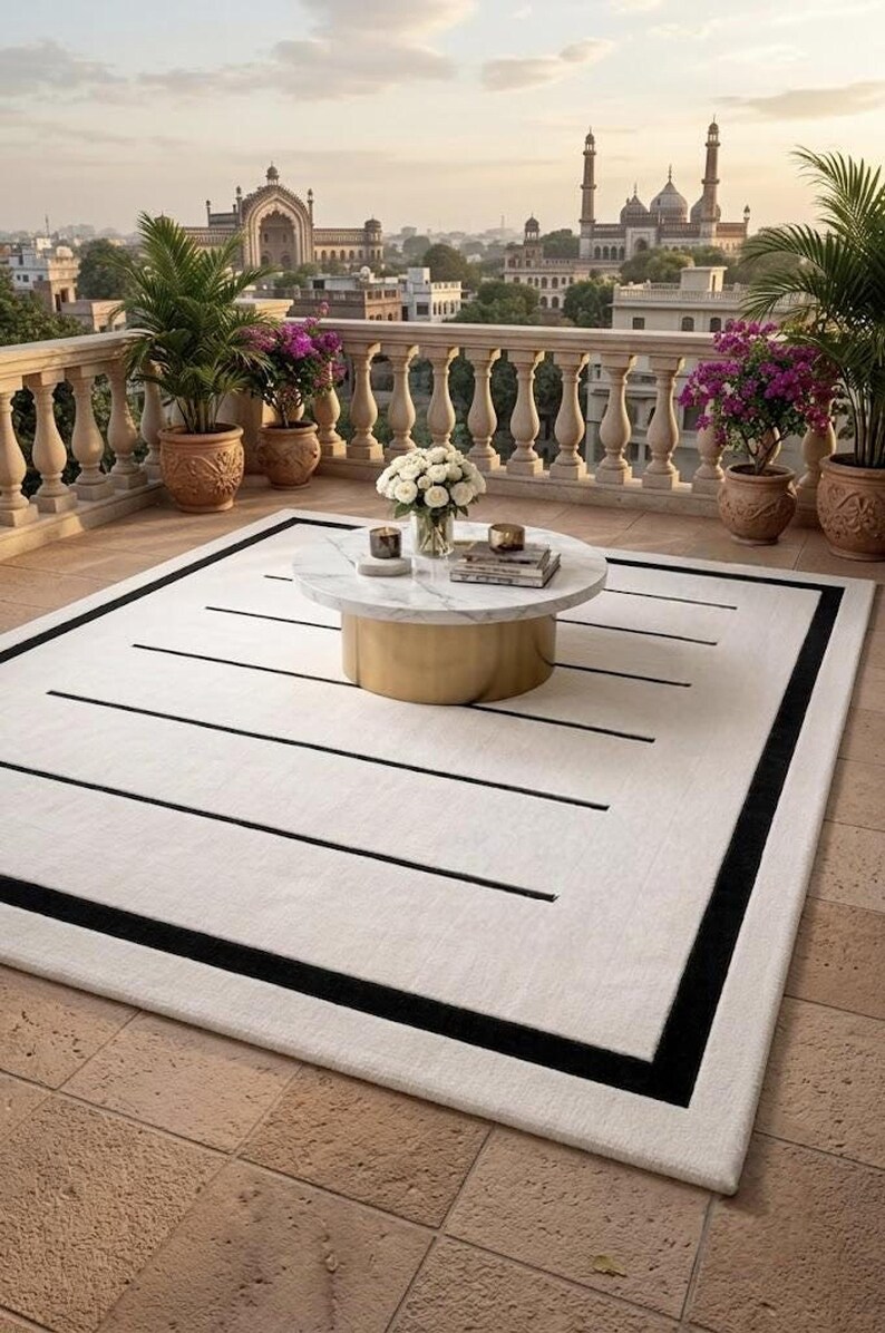 Alfombra moderna en negro y marfil, alfombra minimalista, alfombra geométrica color crema, alfombra contemporánea para sala de estar, decoración neutra para dormitorio. imagen 5