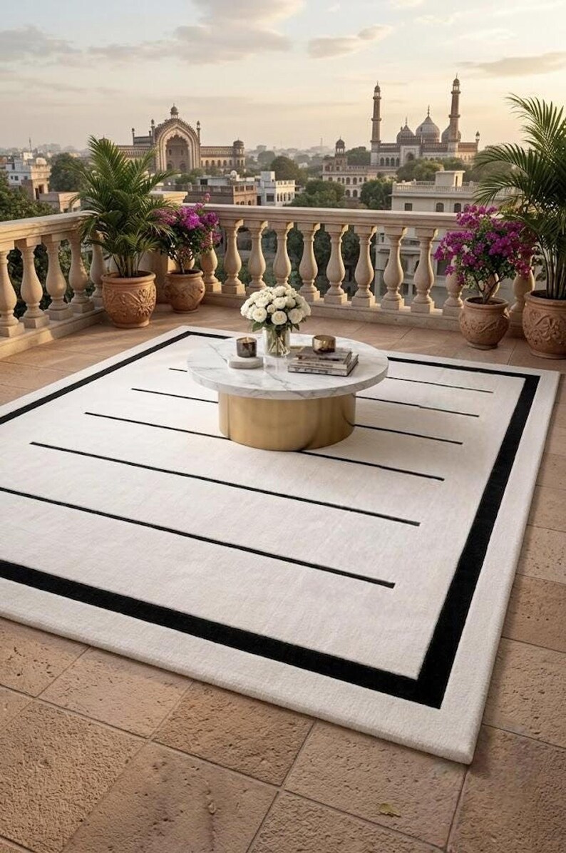 Alfombra moderna en negro y marfil, alfombra minimalista, alfombra geométrica color crema, alfombra contemporánea para sala de estar, decoración neutra para dormitorio. imagen 4