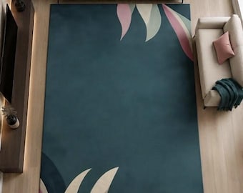 Tapis botanique moderne fait main, tapis en laine tufté à la main, tapis floral vert turquoise, tapis contemporain pour salon, tapis pour chambre à coucher.