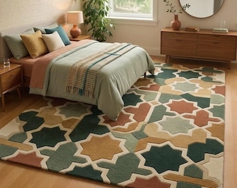 Alfombra marroquí geométrica con estrellas, tejida a mano, color verde salvia, óxido y beige, estilo bohemio.
