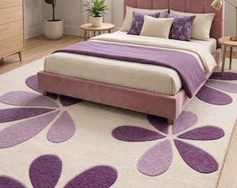 Paars bloementapijt, tapijt madeliefje, vloerkleed lavendel, modern botanisch tapijt, schattig tapijt voor meisjes, eigentijdse bloemenvloermat