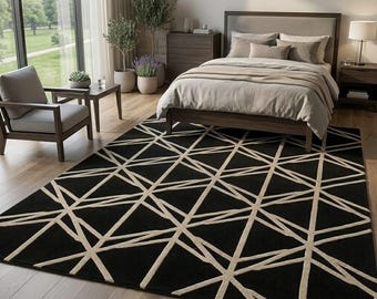 Modern Geometric Black Area Rug, Abstract Line Pattern Rug, Contemporary Bedroom Carpet, Minimalist Living Room Rug handmade style