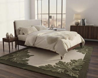 Handmade Green Botanical Wool Rug, Hand Tufted Leaf Area Rug, Modern Living Room Carpet, Bedroom Rug, Luxury Custom Size Rug