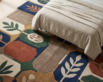 Tapis botanique coloré en laine, tapis géométrique fait main, tapis à fleurs moderne, tapis de salon contemporain, tapis de chambre à coucher en laine tufté à la main