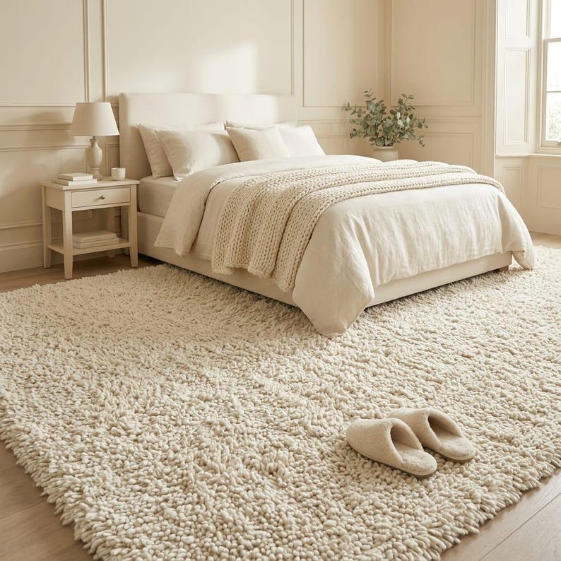 May include: A cream-colored bedroom featuring a plush, high-pile area rug, a bed with a chunky knit throw blanket, and a pair of matching cream slippers resting on the rug. A bedside table with a lamp sits next to the upholstered bed frame.
