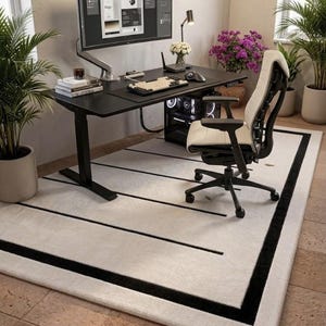 Alfombra moderna en negro y marfil, alfombra minimalista, alfombra geométrica color crema, alfombra contemporánea para sala de estar, decoración neutra para dormitorio. imagen 7