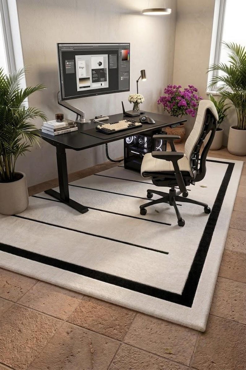 Alfombra moderna en negro y marfil, alfombra minimalista, alfombra geométrica color crema, alfombra contemporánea para sala de estar, decoración neutra para dormitorio. imagen 7