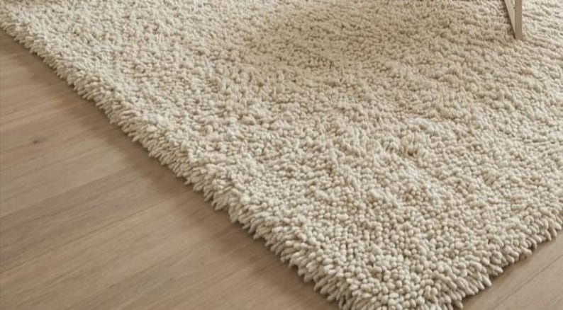 May include: A thick, cream-colored shag rug with a deep, textured pile. The rug features long, soft fibers that create a dense, shaggy appearance across the entire surface, providing a high-pile finish that covers the floor area.