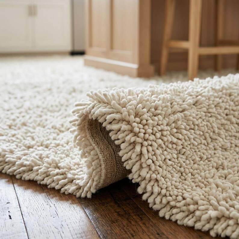 May include: A cream-colored shag rug with a thick, tufted pile texture. The rug is partially folded over, revealing a woven tan backing material. The dense, soft fibers create a uniform, shaggy appearance across the entire surface of the rug.