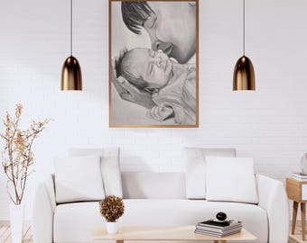 Stampa artistica da parete con mamma e neonato, disegno a matita scaricabile, decorazione per la cameretta, regalo per neomamma, download immediato.
