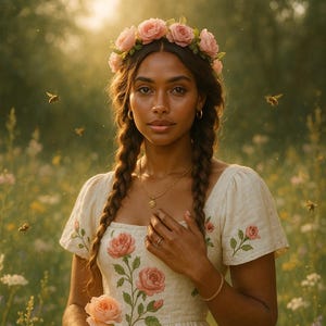 May include: A woman in a cream dress with pink rose embroidery and a floral crown, holding a rose in a wildflower meadow. The dress has short sleeves and a square neckline. Bees fly around her. The overall aesthetic is soft and romantic.
