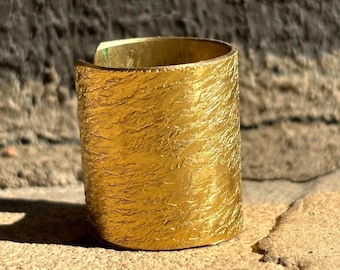 Brass Statement Ring Hammered Design Textured Band Adjustable Size Gold Finish Bohemian Style Minimalist Jewelry Birthday Gift Handcrafted