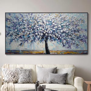 White Floral Tree Texture Wall Art Vibrant Landscape Oil Painting Abstract Tree Art Large Floral Wall Decor 3D Tree Texture Mural Hand