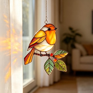 Handgefertigtes Buntglas Rotkehlchen Ornament, Rotkehlchen Vogel Sonnenfänger, rustikaler Wildvogel Wandhänger, Gärtner, Terrassendeko