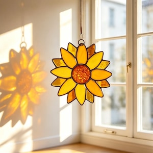 Attrape-soleil vitrail tournesol jaune rond, suspension fenêtre tournesol doré, déco florale fermière lumineuse pour véranda, d'anniversaire
