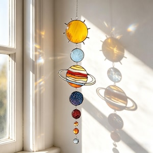Realistic stained-glass Milky Way, planetary suncatchers, celestial decor solar system art; window-mounted planetary suncatchers, portable