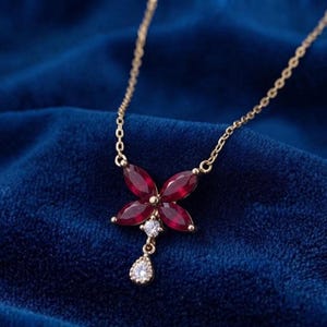 Red Ruby Marquise Diamond Butterfly Pendant For Women's 14K Yellow Gold & Silver Occasion Jewelry