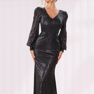 Sequin V-Neck Lantern Sleeve Dress | Sequin Evening Dresses | Sequin Party Dress | Sexy Prom Dress | Bridesmaid Dress | Wedding Guest Dress