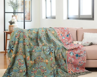 Boho Floral Woven Blanket: Reversible Pure Cotton Sofa Cover or Bedspread