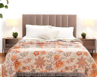 Boho Floral Throw Blanket Bedspread: Vintage Reversible Pure Cotton Sofa Blanket